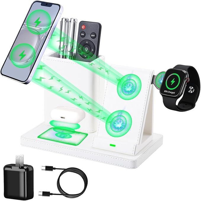 LADSTAG White Leather Pen Holder Desk Organizer with 3-in-1 Wireless Charger for Phone, Earbuds, Watch - Desktop Phone Stand,birthday gifts for women,mom gifts (white)
