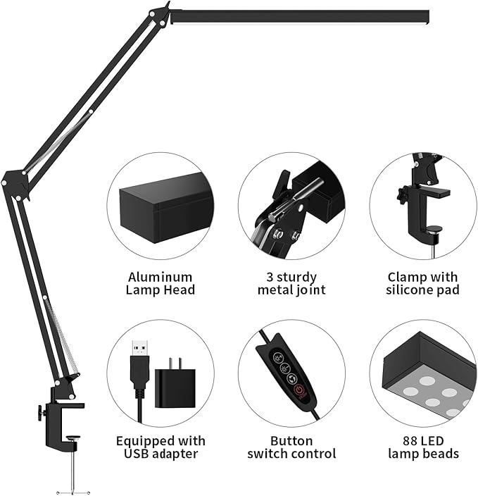 BZBRLZ LED Desk Lamp, Manicure Table Lamp, Eye-Caring Drafting Light, Dimmable Office Table Lamp with 3 Color Modes, 10 Brightness Levels & Adapter, Memory Function(Black)