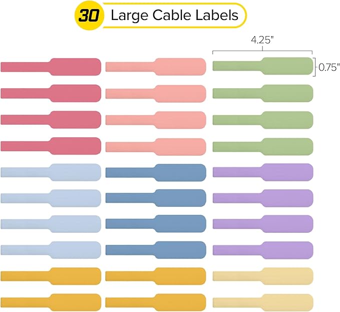 Wrap-It Storage Cable Labels - Large, Macaron (30-Pack) - Colorful Write-On Tags for Basement and Office Organizing