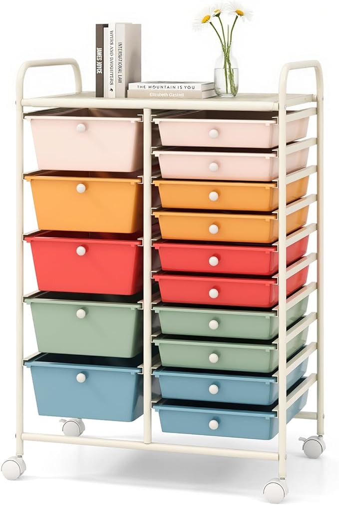 DORTALA 15-Drawer Rolling Storage Cart with Drawers, Rolling Utility Cart w/Removable Drawers & Universal Wheels, Tools Scrapbook Paper Organizer for School, Office, Home, Classroom (Macaroon Color)