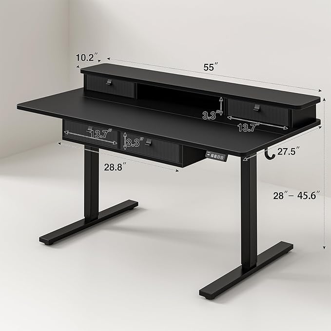 Grandder 55 x 28 inch Electric Standing Desk with 4 Drawers, Sit Stand Up Desk Adjustable Height with Storage Shelf for Home Office Ergonomic Adjustable Desk with Splice Board, Black