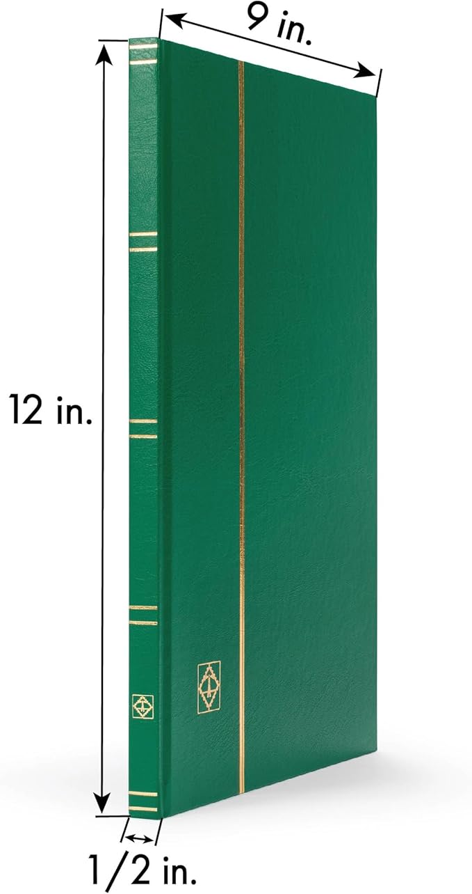 LIGHTHOUSE – “BASIC” Hard Cover Stockbook for Stamps – 16 White Cardstock 9”x12” (A4) Pages with Glassine Strips - Green