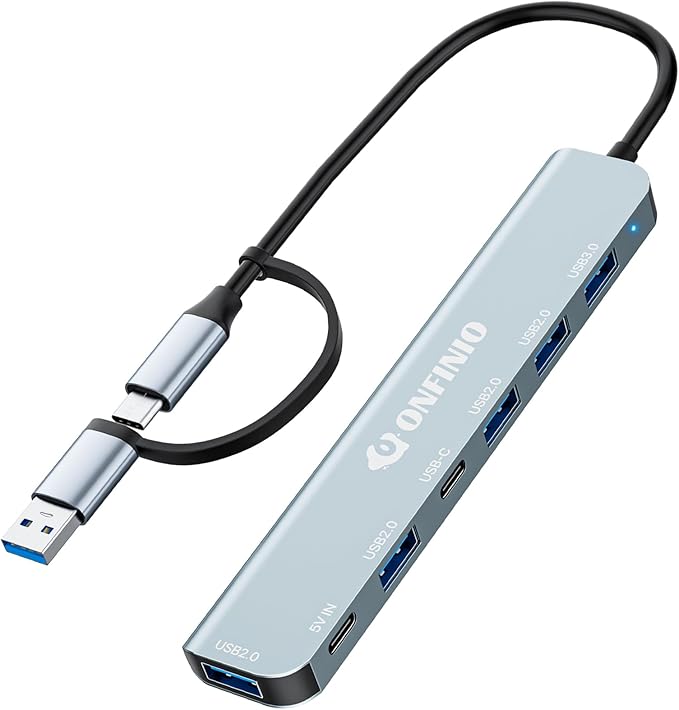 ONFINIO USB C/USB Hub Multiport Adapter,7 in 1 Aluminum USB 3.0 Hub with 1 *USB 3.0, 4*USB 2.0,1*USB C and 1 * 5IN Power Port for PC/Laptop/MacBook/iPad Pro and More Devices