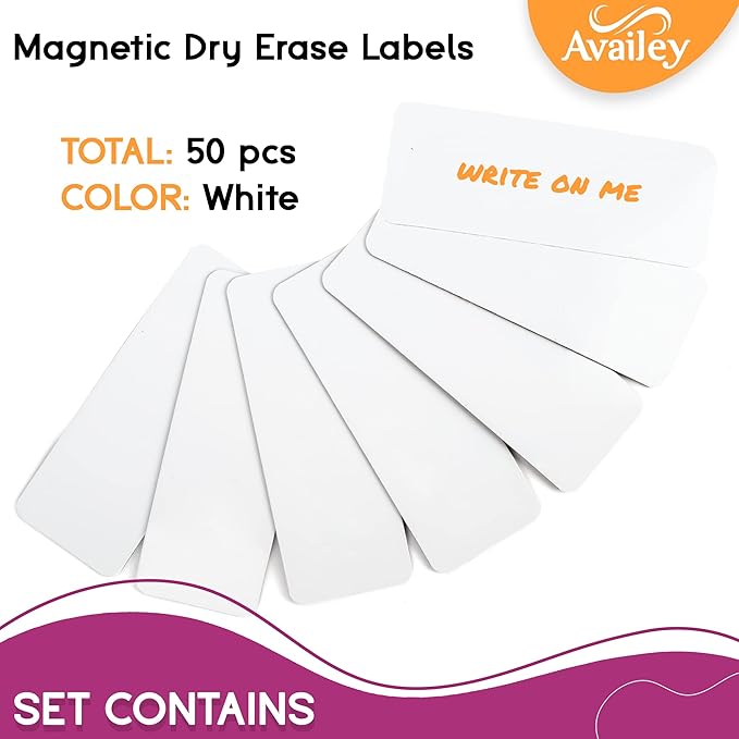 Availey 50 Pieces (3.2 x 1.2) - White Magnetic Dry Erase Labels - Reusable Strips for Classroom Home Office Garage Refrigerator Blank Writable Erasable Cards Name Tags Students Locker Shelf