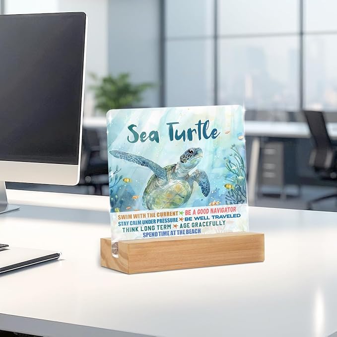 Sea Turtle Decor Desk Acrylic Sign 4x4 inch, Turtle Gifts for Women Men Coworkers, Beach Decorations for Home Bedroom Bathroom, Motivational Gifts Table Cubicle Decor and Accessories