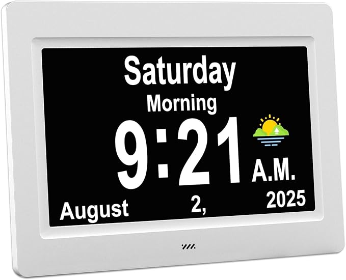 SSYA Dementia Clocks with Day and Date for Seniors,13 Alarms Custom Reminders, Extra Large Digital Calendar Clock for Elderly. (White)