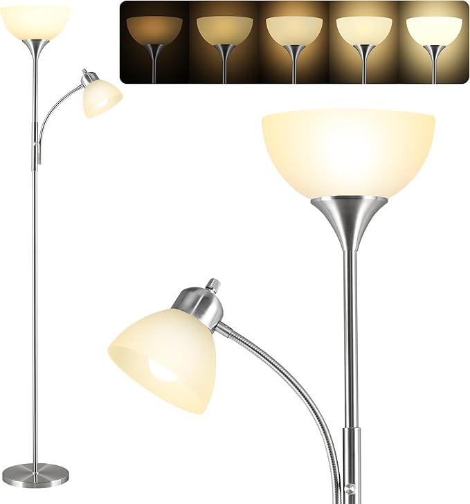 RISLG Floor Lamp, Dimmable Standing lamp, Stepless Dimming Brightness, Included 9W and 5W LED Bulbs, Industrial Floor Lamp for Living Room, Bedroom, Office, Reading