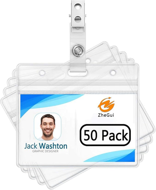 ZHEGUI ID Badge Holder with Clip Clear Plastic Name Tag Holders Horizontal Ziplock Waterproof PVC ID Card Holder with Clip Straps(50 Pack, Horizontal 2.3X3.5)