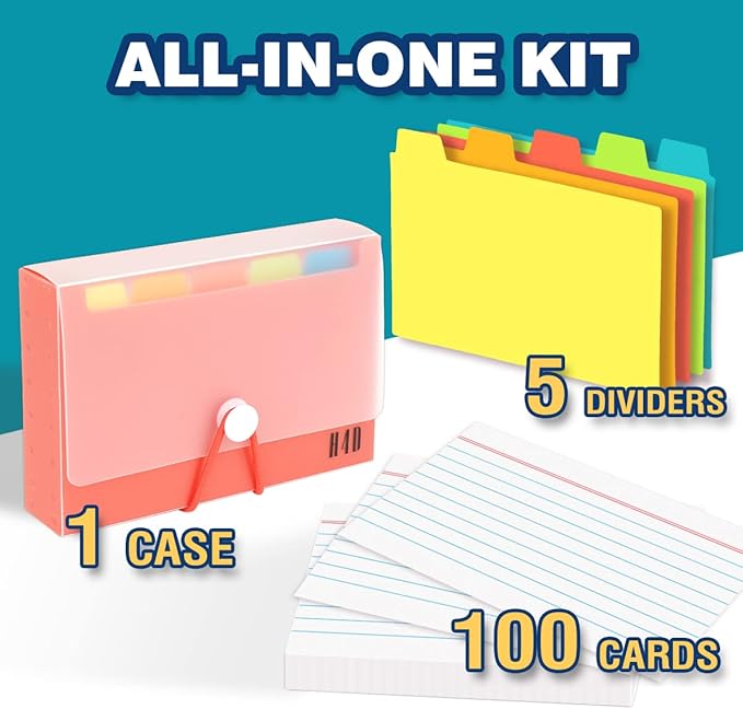 H4D 3x5 Index Card Case with 100 Heavyweight Ruled Index Cards and Dividers, Red