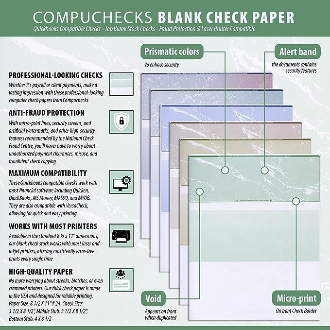 Compuchecks Check on Top Blank Check Paper - 1000 Pack, Quick-Books & Laser Printer Compatible - Security Business Checks with Voucher - 8.5" x 11" Blue/Red Prismatic
