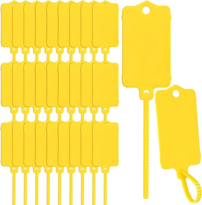 LeonBach 100 PCS Plastic Shipping Tags, 1.46" x 2.48", Waterproof Labels Writable Hanging Tag with Sealing Strap, Shipping Cable Tie Label Tags for Keys Luggage Logistic Retail Inventory(Yellow)