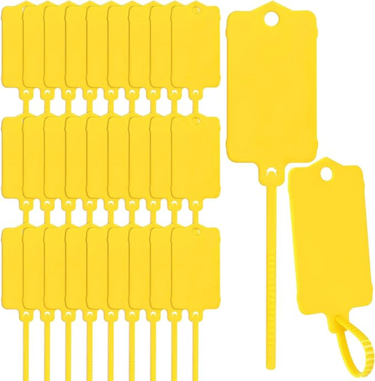 LeonBach 100 PCS Plastic Shipping Tags, 1.46" x 2.48", Waterproof Labels Writable Hanging Tag with Sealing Strap, Shipping Cable Tie Label Tags for Keys Luggage Logistic Retail Inventory(Yellow)