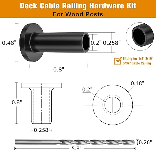 CELYND Cable Railing Protector Sleeves - 50 Pack T316 Stainless Steel Protective Sleeves - 1/8" 3/16" 5/32" Black Deck Cable Railing Hardware Kit for Wood Posts