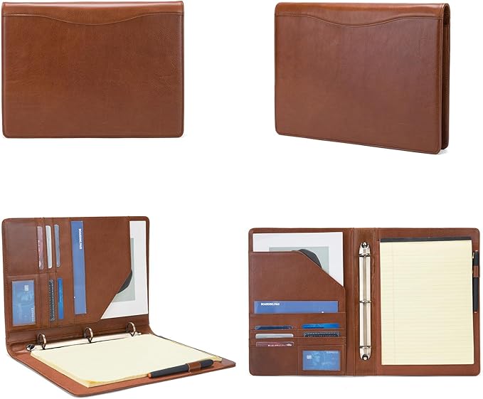 Geslun Personalized Genuine Leather 3 Ring Binder, Custom Engraved 8.5 x 11 Letter Size Folio with Pen Holder, Soft Notebook Portfolio Cover, Notepad Padfolio Organizer for Meeting, Brown, Oil Tanned