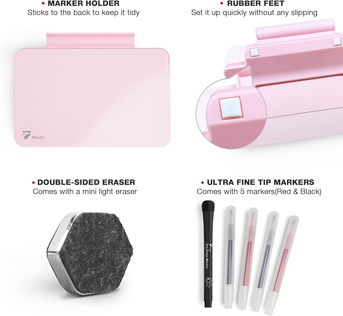 Pink Mini Desktop Pure Glass Whiteboard, Small Slope Slick Desk Whiteboard Glass, Desk White Board, Desktop White Board Dry Erase, Stenography Artifact for Office Home Schooling Décor, 8x6 Inches