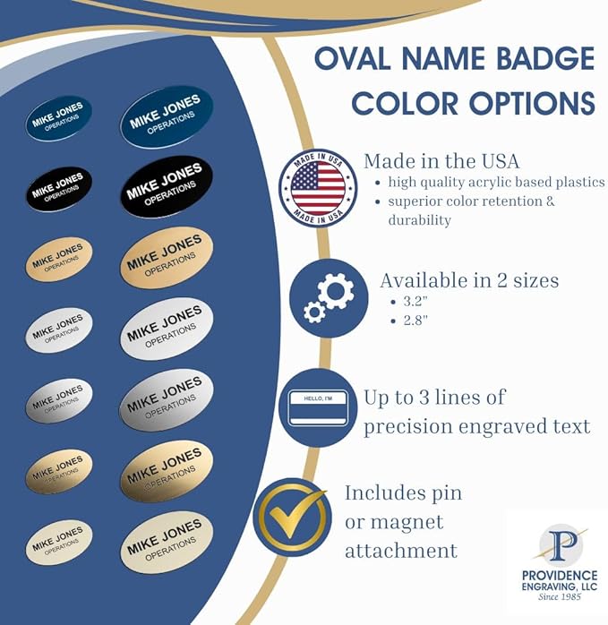 Custom Engraved Name Tag Badges – Personalized Identification with Pin or Magnetic Backing, 2.8 Inch Oval, Radiant Silver/Black