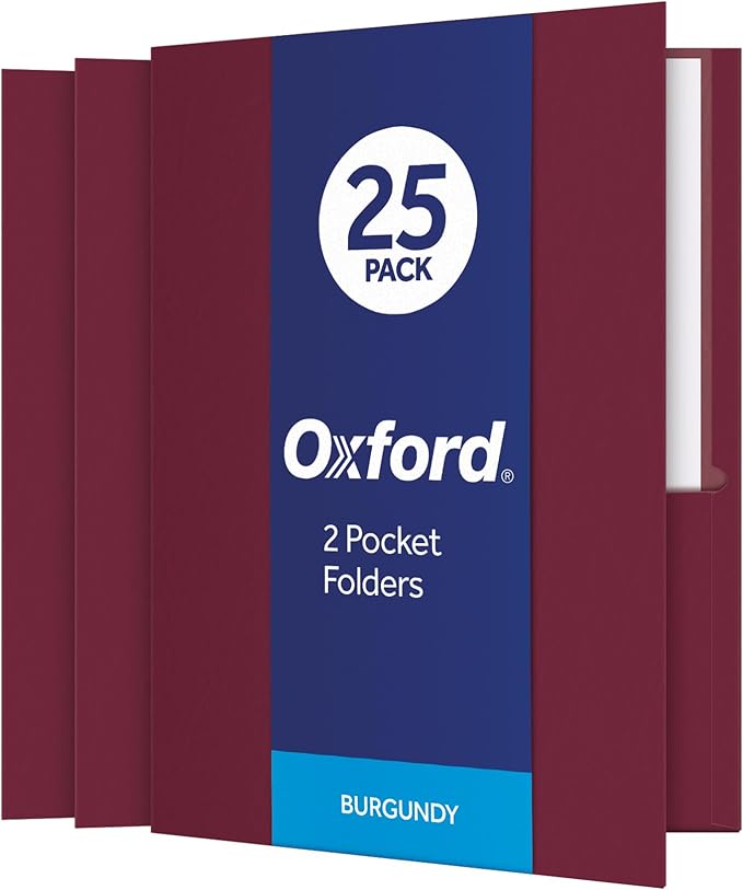 Oxford Twin-Pocket Folders, Textured Paper, Letter Size, Burgundy, Holds 100 Sheets, Box of 25 (57557)