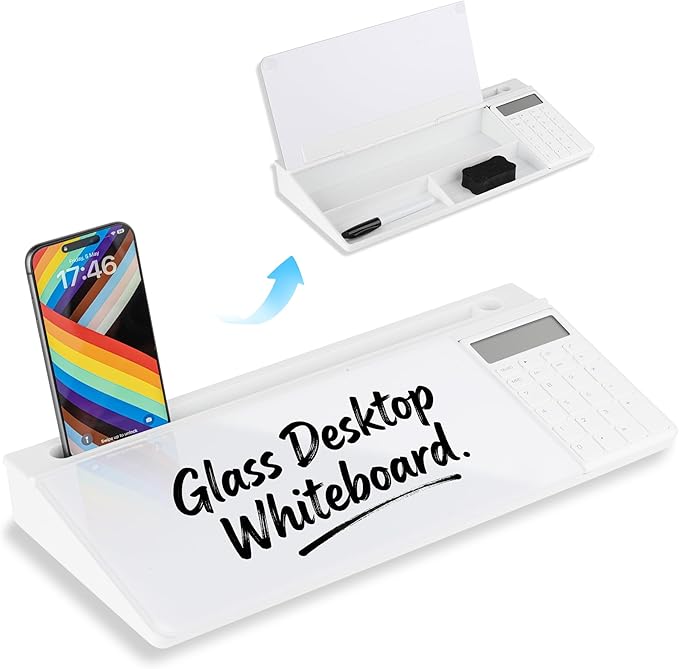 Glass Desktop Whiteboard with Calculator & Storage, Desk Dry Erase Note Memo Board, Compact Desk Organizer for Desk, Office, School Supplies, White, 2026