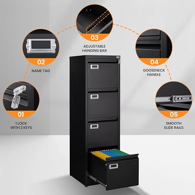 AFAIF 4 Drawer File Cabinet with Lock, Metal File Cabinets for Home Office,18" Deep Vertical Black Filing Cabinets Office Storage Cabinet for Letter/Legal / A4 / F4 Size, and File Folders