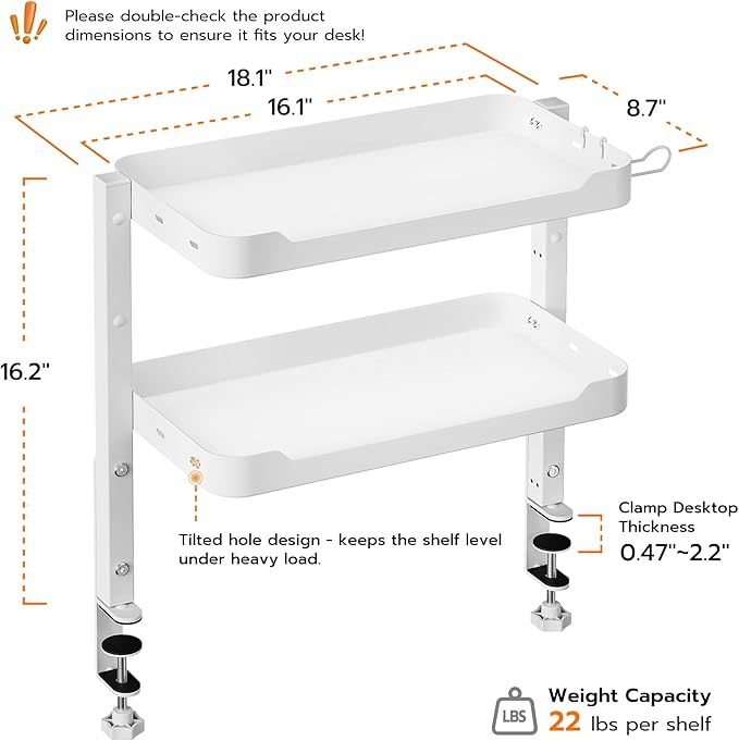 ARES WING 2-Tier Clamp On Desk Shelf, 16 inch Adjustable Above or Under Desk Storage Shelves Holds 44 lbs, Heavy Duty Desktop Organizer with Headphone Holder for Working and Gaming Accessories, White