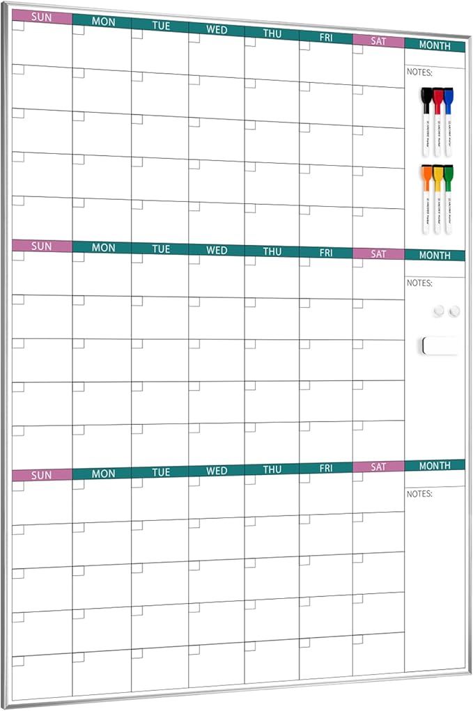 ARCOBIS 3-Month Dry Erase Calendar for Wall, 39"x28" Magnetic Whiteboard Calendar with Silver Aluminum Frame, Monthly Calendar Board for Office, Home, School