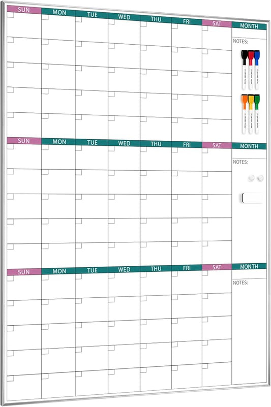 ARCOBIS 3-Month Dry Erase Calendar for Wall, 39"x28" Magnetic Whiteboard Calendar with Silver Aluminum Frame, Monthly Calendar Board for Office, Home, School
