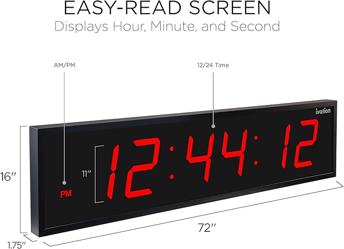 Ivation Huge Oversized 72" Large Digital LED Clock | Big Digital Clock w/Multi-Function Display – Stopwatch, Timer, Alarms, Temp & Date | 6 Brightness Levels, Time Memory & Remote (Red)
