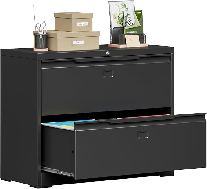 Bestoo 2-Drawer Lateral File Cabinet with Lock, Metal Filing Cabinet for Home Office, Lateral Filing Storage Cabinets, Fits File Folders, Letter/Legal/F4/A4 Sizes, Assembly Required (Black)