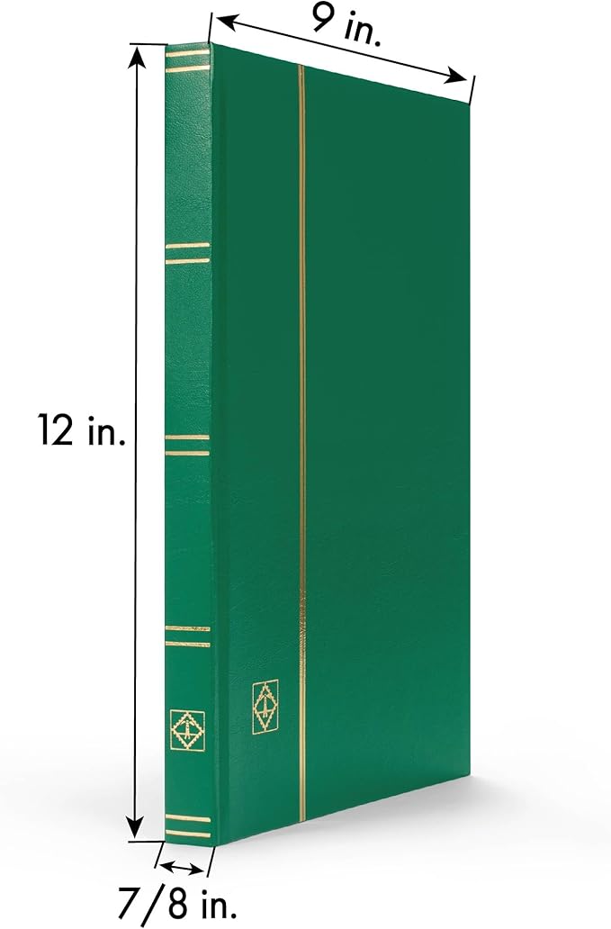 LIGHTHOUSE – “BASIC” Hard Cover Stockbook for Stamps – 32 White Cardstock 9”x12” (A4) Pages with Glassine Strips - Green