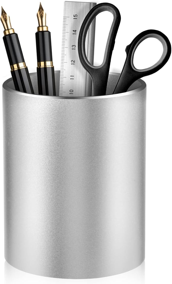 Dopaka Pen Holder Pencil Holder for Desk, Metal desk pen holder, Makeup Brush Holder, pencil cup, pen organizer for desk, for Office, School, Home, and Kids 3.9×3.14inch（Silver）