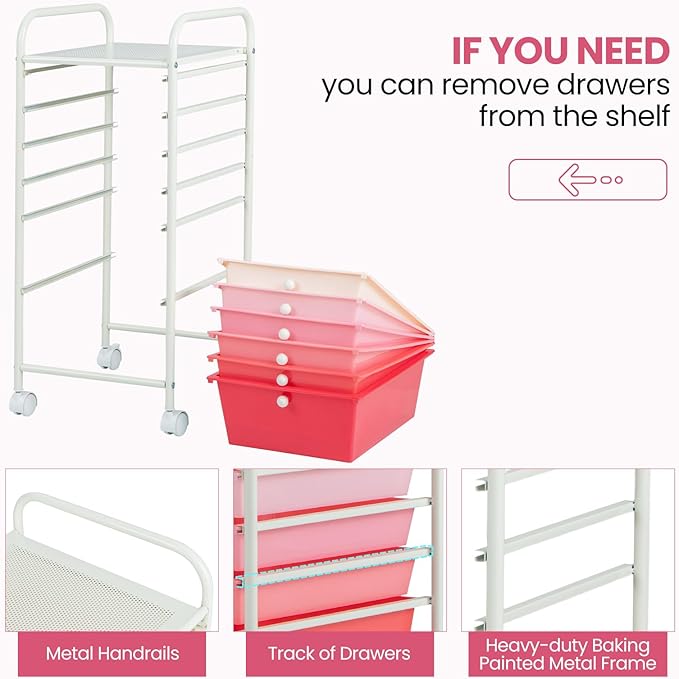 Giantex 6 Storage Drawer Cart Rolling Organizer Cart for Tools Scrapbook Paper Home Office School Multipurpose Mobile Utility Cart (Pink Gradient)