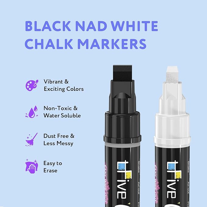 TFIVE White&Black Chalk Markers - 2 Pack Jumbo Liquid Chalk Pens with 10mm 3 in 1 Nib Wide Tips, Dry & Wet Erase Marker Pens for Glass, Chalkboard, BlackBoard, Windows, Calendar, Pumpkin, Mirror