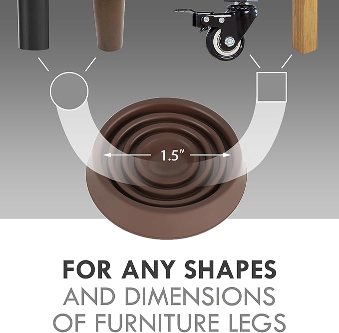 Furniture Coasters, 1.5X1.5 Rubber Caster Cups Non Slip Furniture Pads Non Skid Furnitures Grippers Anti Slide Floor Protector for Bed Couch Table Chair Stoppers - 4 Pack, Brown
