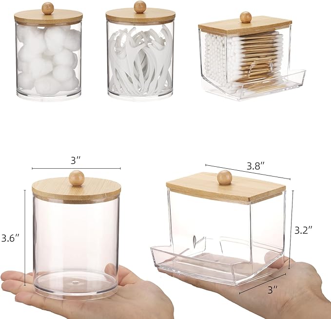Tbestmax Qtips Dispenser Bathroom Container, 10/12 oz Cotton Ball Holder, Apothecary Jar Organizer for Storage Cotton Swab, Floss Picks (Bamboo Lids)