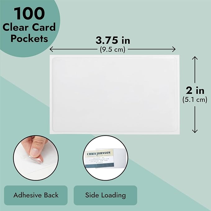 Juvale Business Card Holder Sleeves - Secure Adhesive Pockets - Index Card Holder for Notes - Storage Bin Labels & Clear Pocket Sleeves - Clear Plastic, 3.75 x 2 in, Pack of 100