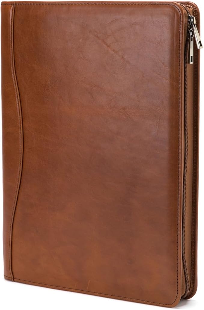 Geslun Genuine Leather Portfolio, Legal Size 8.5 x 14 Pad Holder, Business Padfolio for Men and Women, Zipper 14" Laptop Organizer, Executive Professional Work Travel Notepad Folio, Brown, Oil Tanned