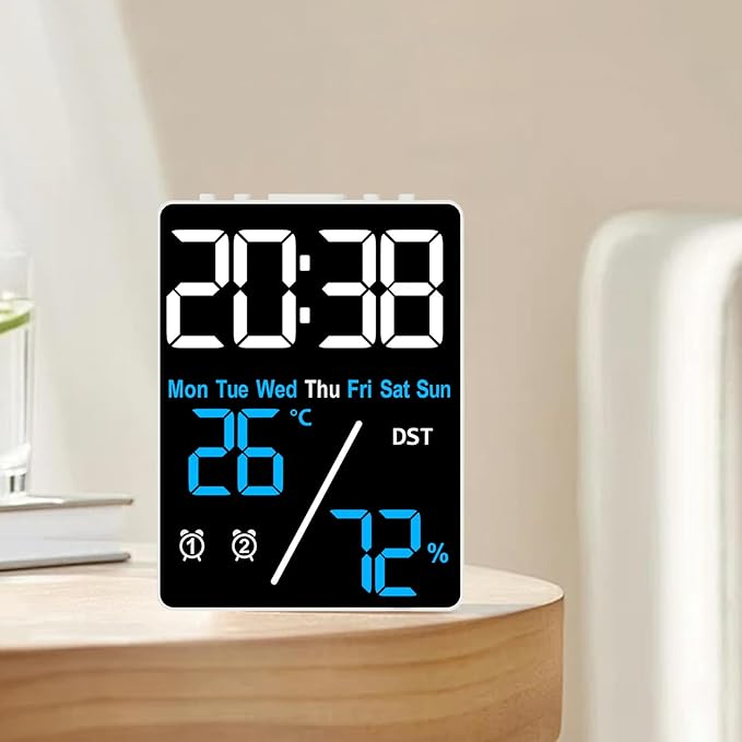 Kytree Digital Room Thermometer Hygrometer Alarm Clock, 5.9 inch Desktop Accurate Humidity Temperature Monitor Meter for Indoor Outdoor Kitchen Office Bedroom Livingroom (Battery Not Included)