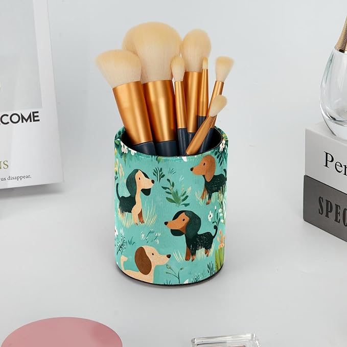 Leather Pen Holder for Desk, Cartoon Sausage Dog Pencil Cup Desktop Organizer Makeup Brush Holders Office Supplies for Home, Kids & School