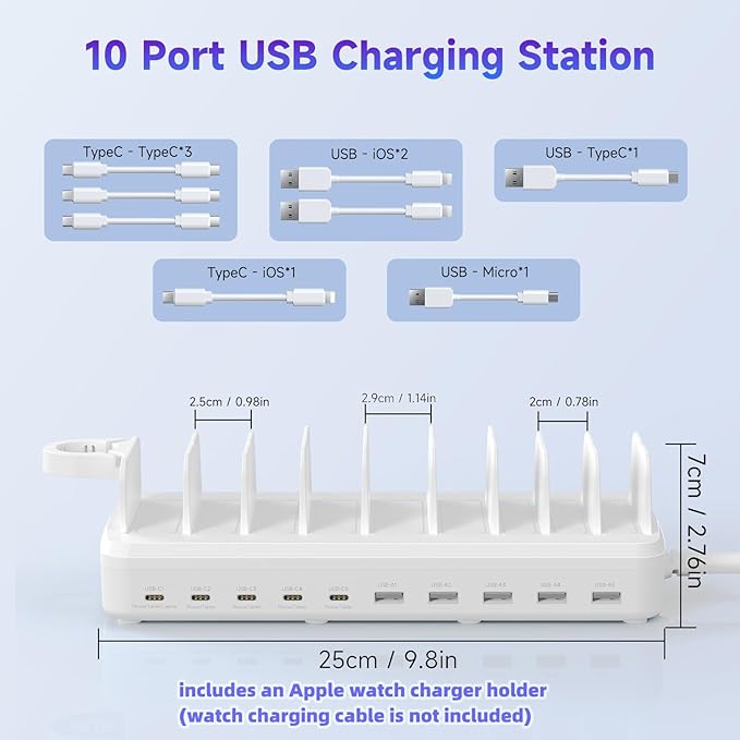 285W Charging Station for Multiple Devices, 10 Ports Fast Multi-Device Charger Organizer Compatible with MacBook Pro Laptop, iPhone, Android, Ipad, Tablet, Kindle, Family Multi-Device Charging Dock
