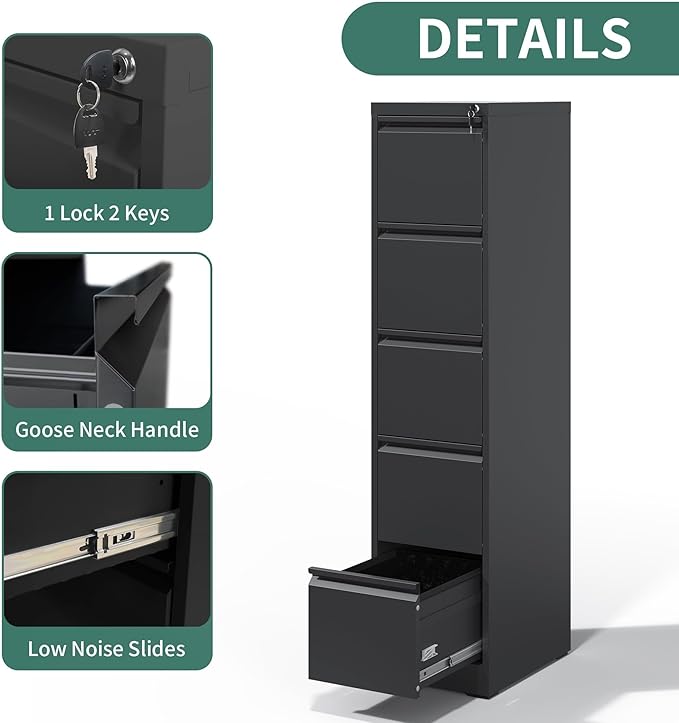 FLIXELIO 5 Drawer File Cabinet with Lock,Metal Vertical Filing Cabinets for Home Office,Heavy Duty File Storage Cabinet for Letter/Legal/A4/F4 Size File,Assembly Require (Black, Vertical 5 Drawer)