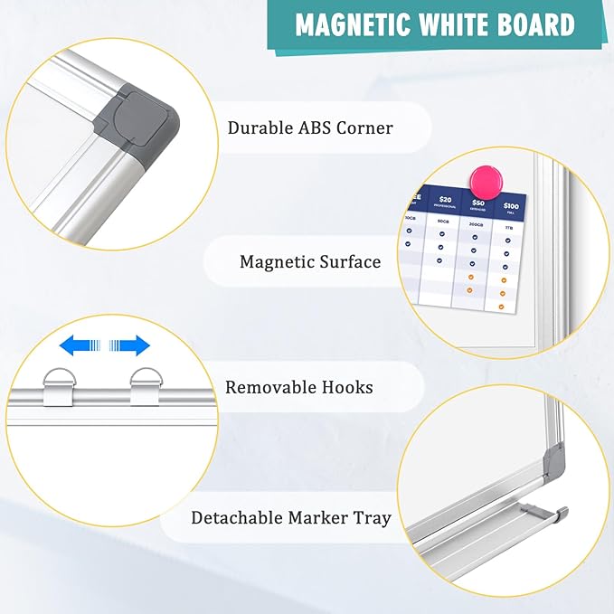 AMUSIGHT Dry Erase Board White Board, 16'' x 12'' Double-Sided Magnetic Whiteboard for Wall, Hanging Mounted Whiteboard Silver Aluminium Frame for Home, School, Office, Kitchen