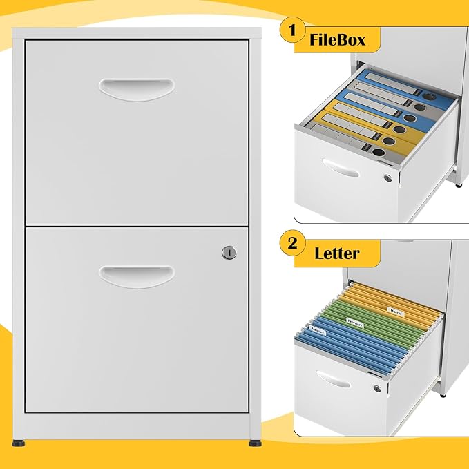 SteeLoong 2 Drawer File Cabinet with Lock,White Metal Office Drawers Filing Cabinets for Home Office, Two Drawer Under Desk File Cabinet for Hanging Letter,Easy Assemble
