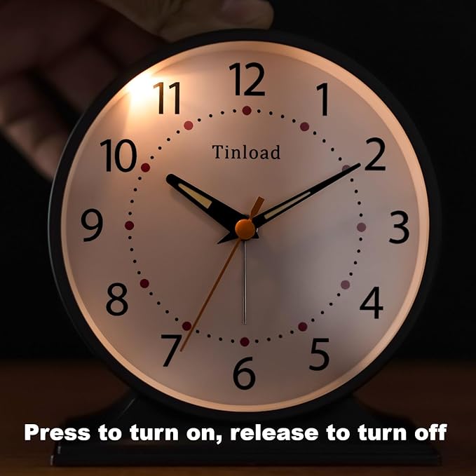 Tinload 4.5" Antique Retro Analog Alarm Clock, Small Silent Bedside Desk Clock with Manual Light, Battery Operated, Snooze, for Living Room, Bedroom, Bedside, Desk(Black)