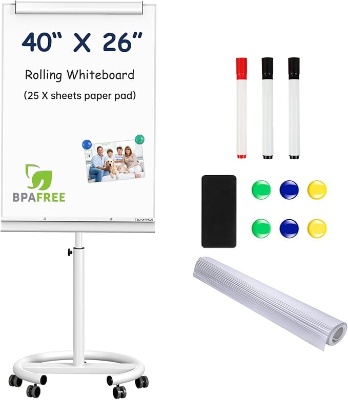 TSJ OFFICE Rolling Whiteboard Standing - 40 x 26 Inches Magnetic Mobile White Board with Stand, Height Adjustable Dry Erase Board on Wheels with Paper Clamp on Top, White