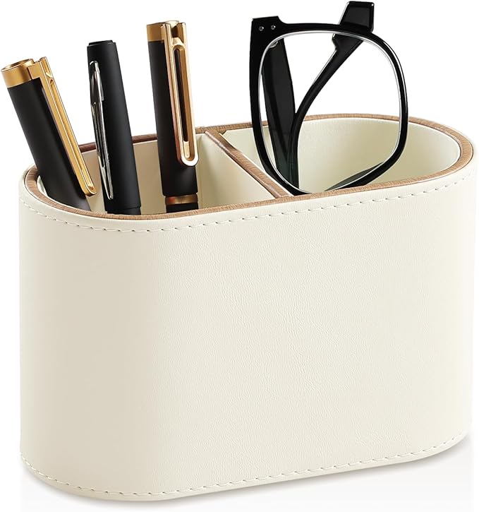 MEIBOOCH PU Leather Pen Holder for Desk, Small Remote Control Holder Pencil Cup Multifunctional Desktop Organizer Caddy for Home School Office Desk Accessories - 2 Compartments (Beige)