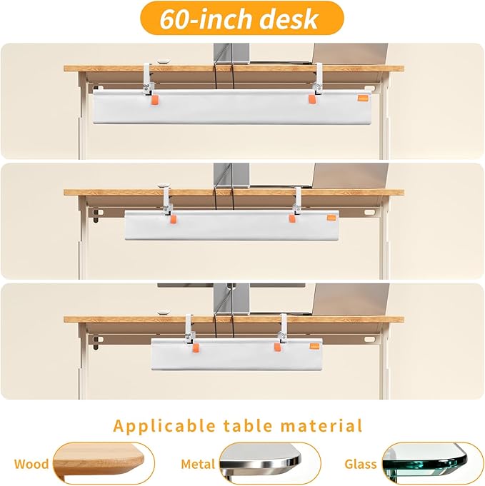 SUREUP9 No Drill Under Desk Cable Management Tray, 28" Cord Organizer with Clamp, Fabric Cable Management for Standing Desks, Ideal for Home & Office - White