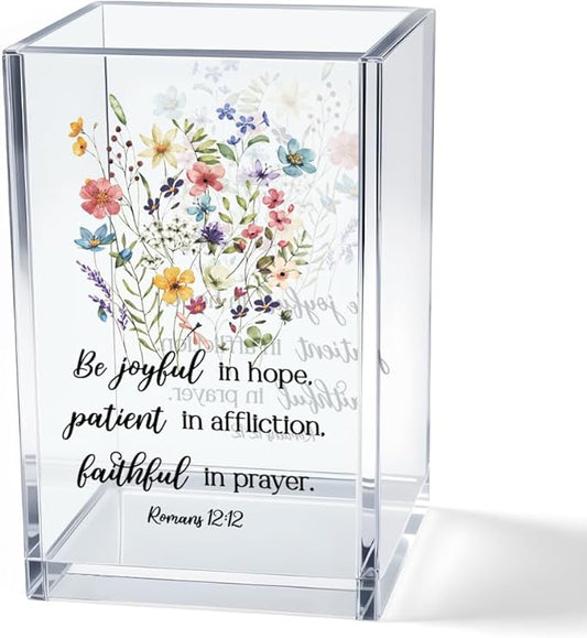 Vgrti Be Joyful in Hope, Patient in Affliction Romans 12:12 Acrylic Cosmetic Pencil Pen Holder Cup, Christian Verse Pen Holder Cup, Christian Gifts for Women Boss Friend Teacher