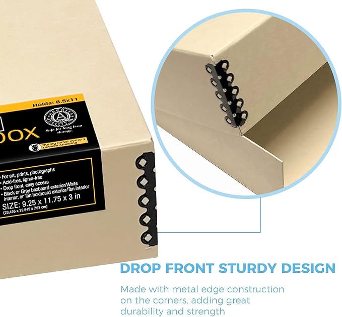 Lineco Museum Archival Storage Box, 9.25x11.75x3 in. Drop Front Design. Acid-Free with Metal Edge. Organize Photos, Pictures, Prints, Documents, Crafts, DIY. Tan, 1 Pack