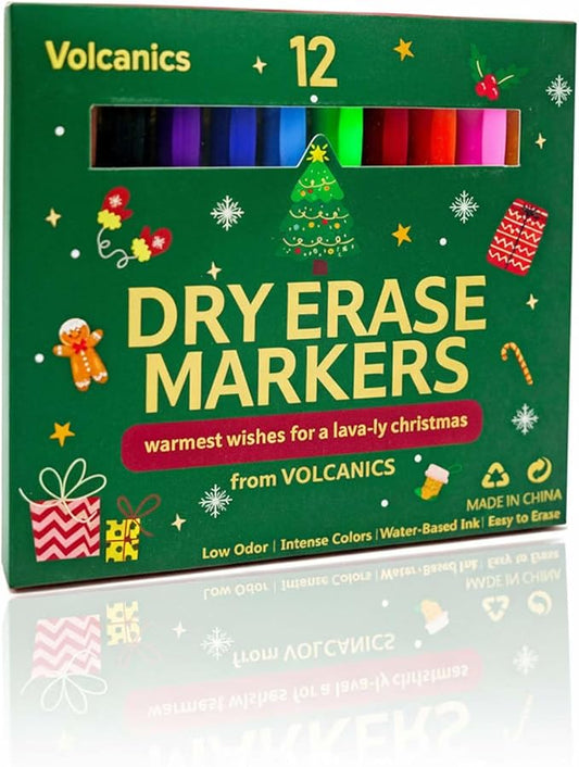 Volcanics Christmas Dry Erase Markers – Colored Whiteboard Markers with Giftable Holiday Packaging, 12 Pcs, Ideal Stocking Stuffer, Teachers & Families