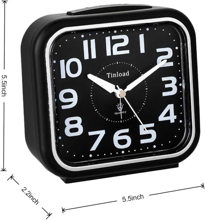 Tinload 5.5" Large Analog Alarm Clock Silent Non Ticking, Gentle Wake, Beep Sounds, Increasing Volume, Battery Operated Snooze and Manual Light, Easy Set, Black (Best for Elder)